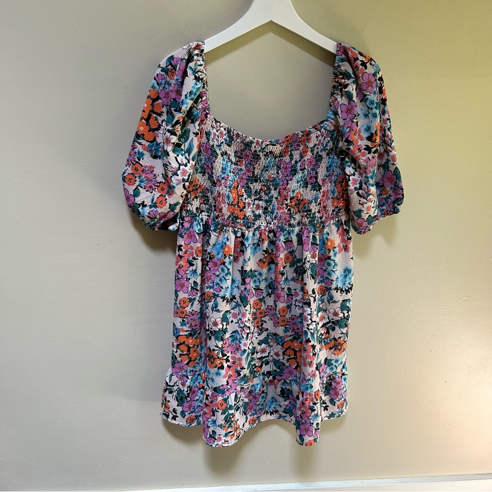 BCBG~new~Garden Multicolor Puff Sleeve Smocked Floral Mini Dress
